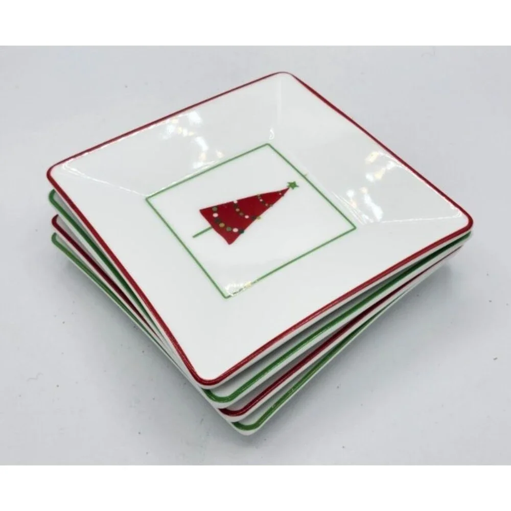 Crate and Barrel Appetizer Plates Christmas Tree Dish Holiday Snack Set of 4